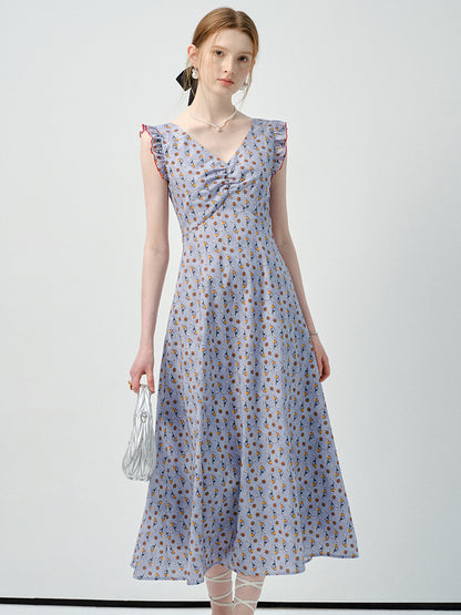 Ruffled Sleeve Floral V-Neck Dress