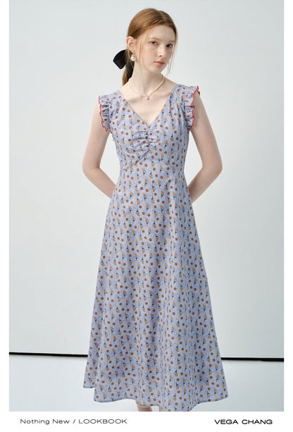 Ruffled Sleeve Floral V-Neck Dress
