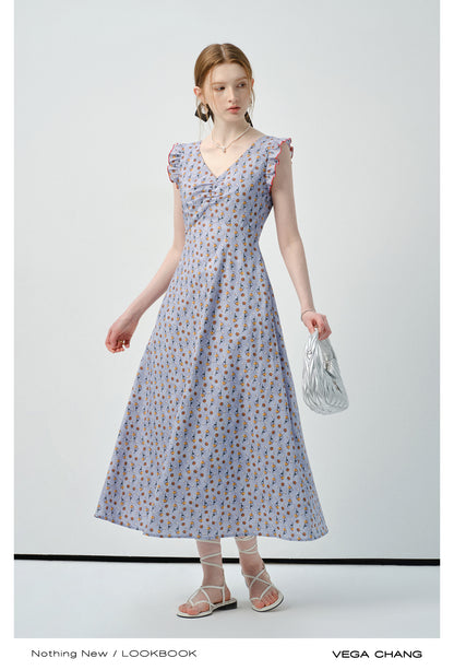 Ruffled Sleeve Floral V-Neck Dress