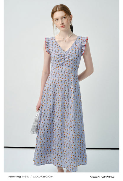 Ruffled Sleeve Floral V-Neck Dress