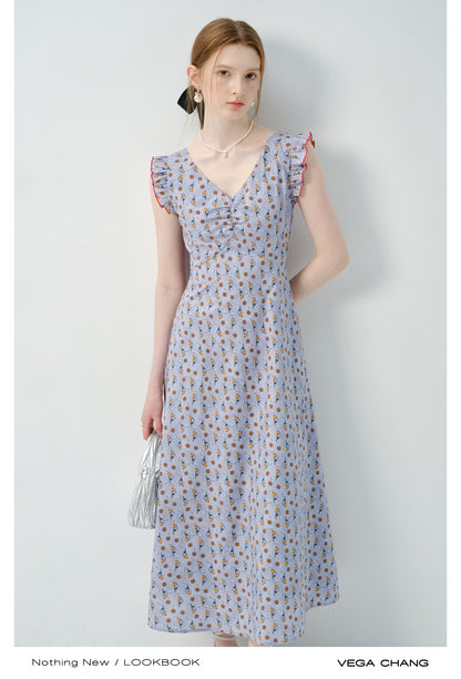 Ruffled Sleeve Floral V-Neck Dress