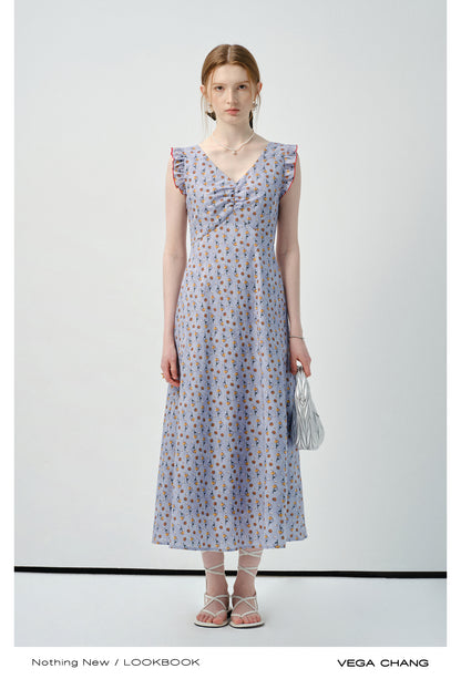 Ruffled Sleeve Floral V-Neck Dress