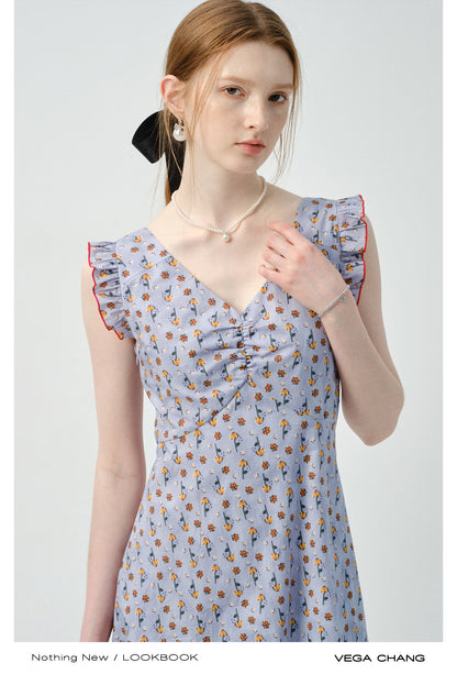 Ruffled Sleeve Floral V-Neck Dress