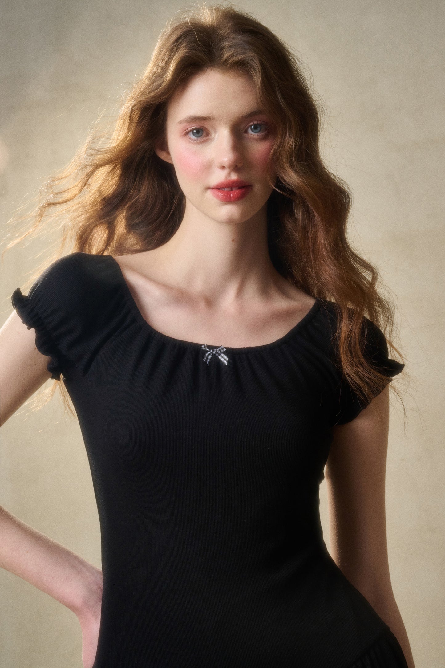 Elastic Frill Rib Knit Dress With Gingham Bow