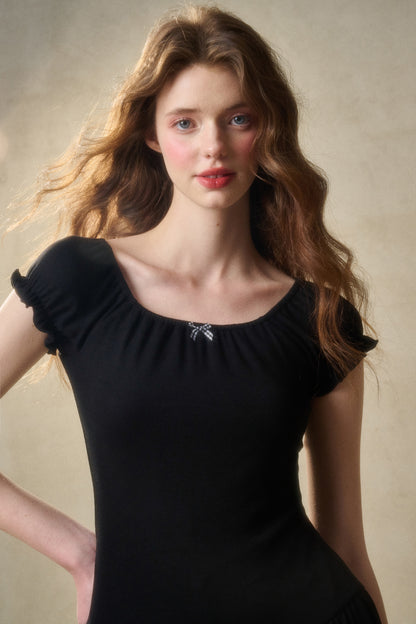 Elastic Frill Rib Knit Dress With Gingham Bow