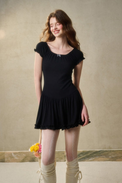 Elastic Frill Rib Knit Dress With Gingham Bow
