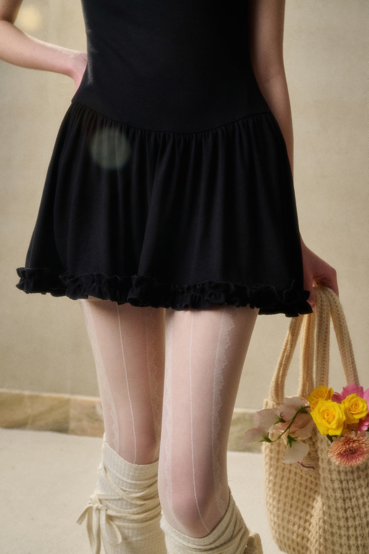 Elastic Frill Rib Knit Dress With Gingham Bow