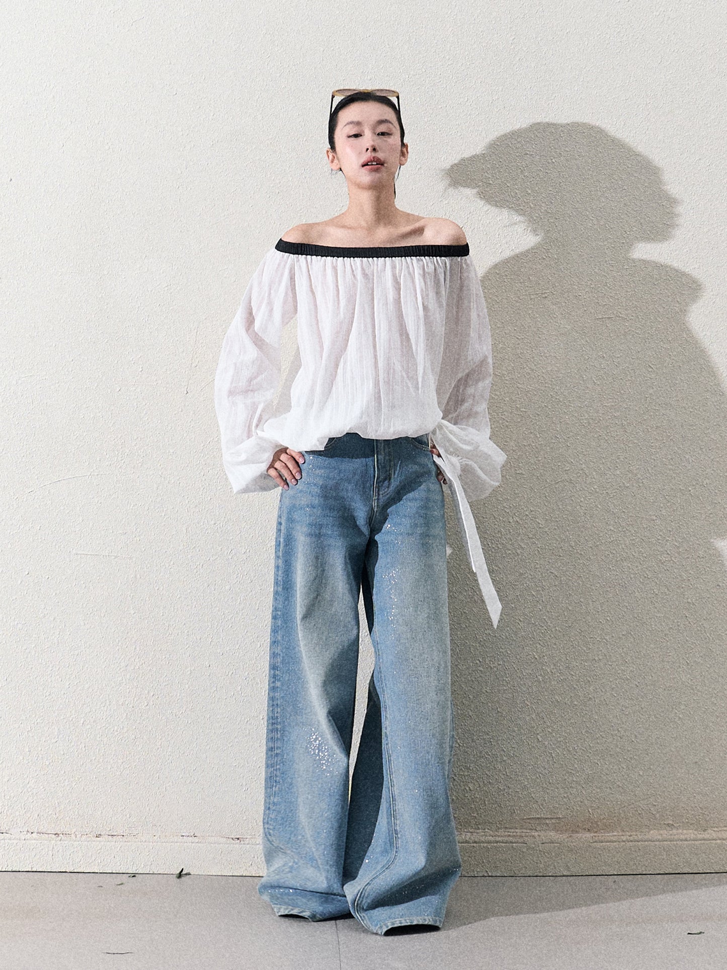 Off Shoulder Gathered Top With Bubble Hem
