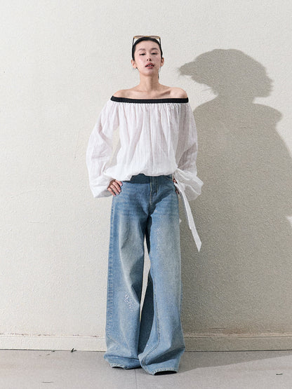 Off Shoulder Gathered Top With Bubble Hem